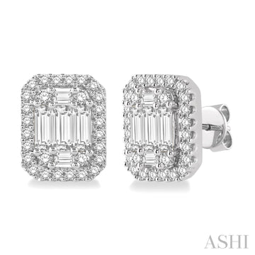 14KW Gold 1.0 CTW Baguette & Round Cut Diamond Stud Earrings